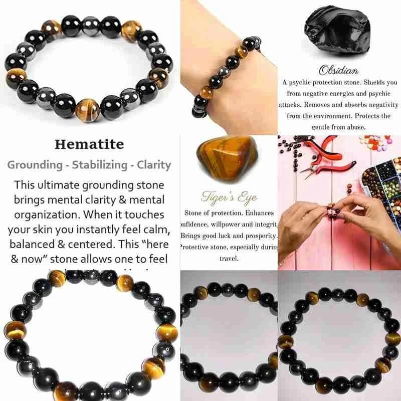1 Natural Black Obsidian Hematite Tiger Eye Bead Bracelet - Image 3