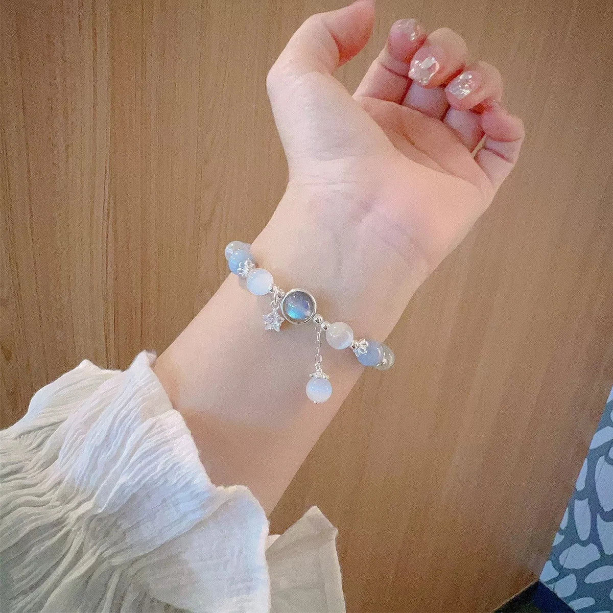 Unique Dreamy Blue Moonstone Cat Eye Pendant Bracelet - Image 2