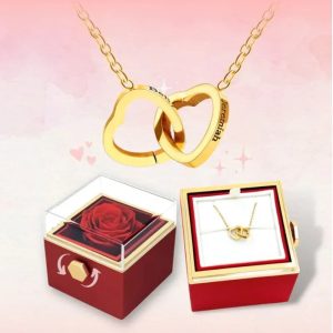 PolishedPlus Custom Names Heart Necklace – Personalized Pendant with Rotating Rose Gift Box for Women