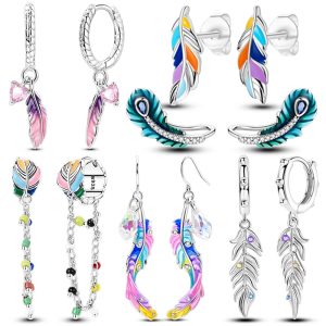 Original 925 Sterling Silver Colored Feather Earrings – 2025 Zircon Hoop Studs for Women