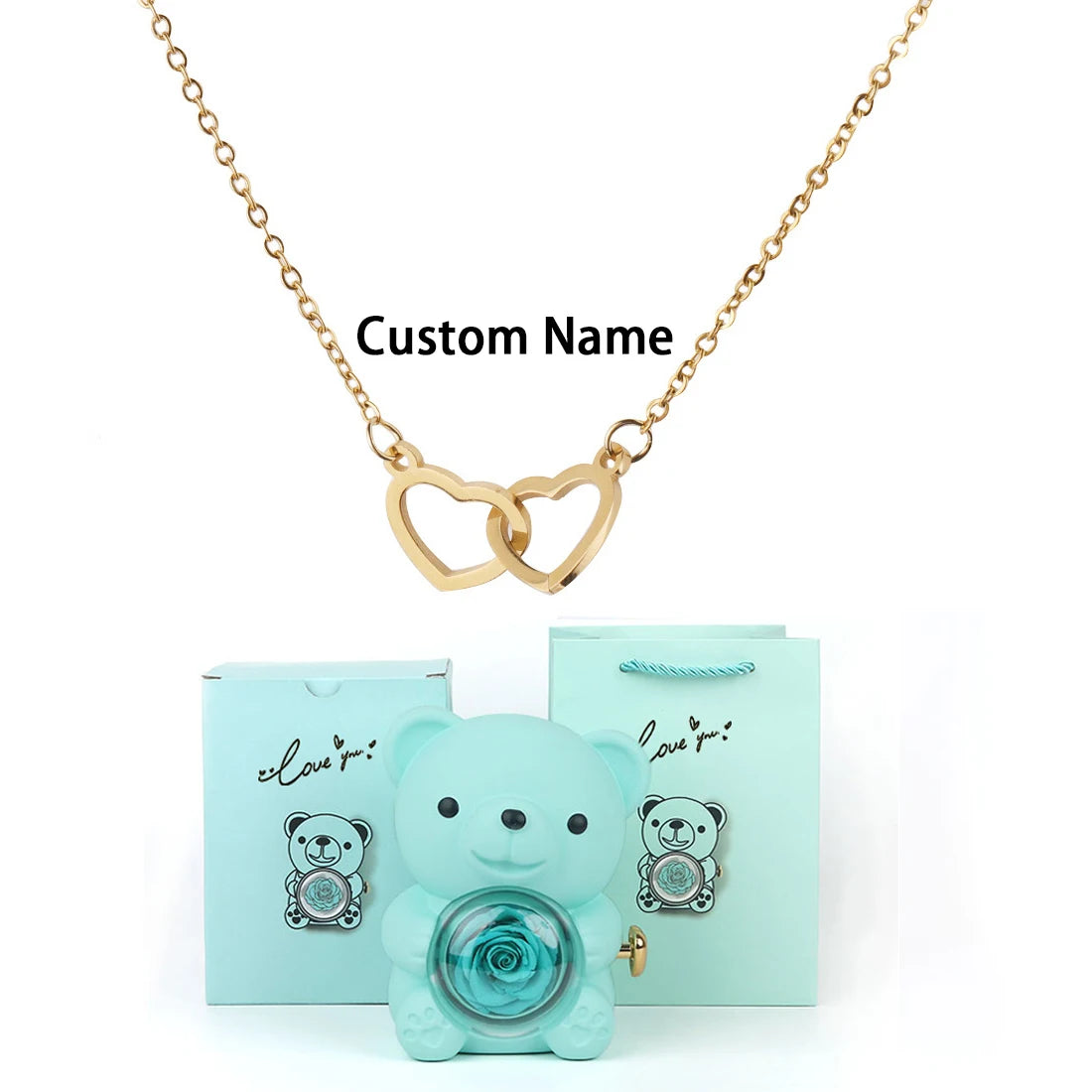 Custom Text Double Heart Eternal Necklace – With Luxury Bear & Rose Gift Box - Image 12