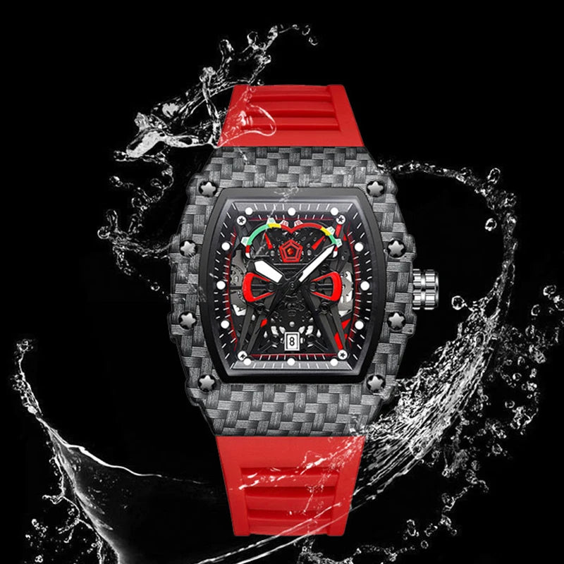 Sport Red Rubber Quartz Watch – Tonneau-Style Men's Fashion Wristwatch - Image 4