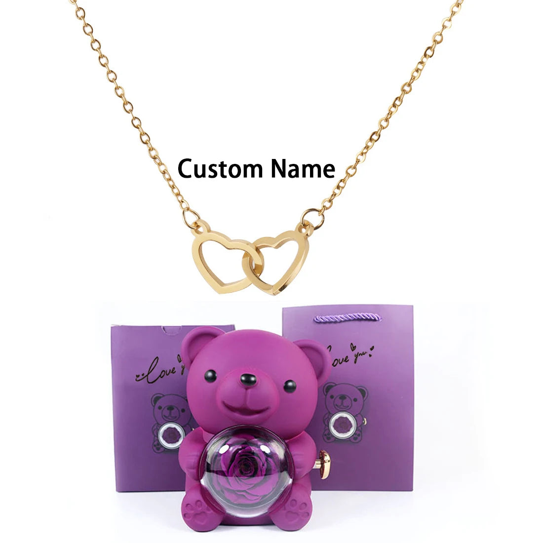 Custom Text Double Heart Eternal Necklace – With Luxury Bear & Rose Gift Box - Image 9