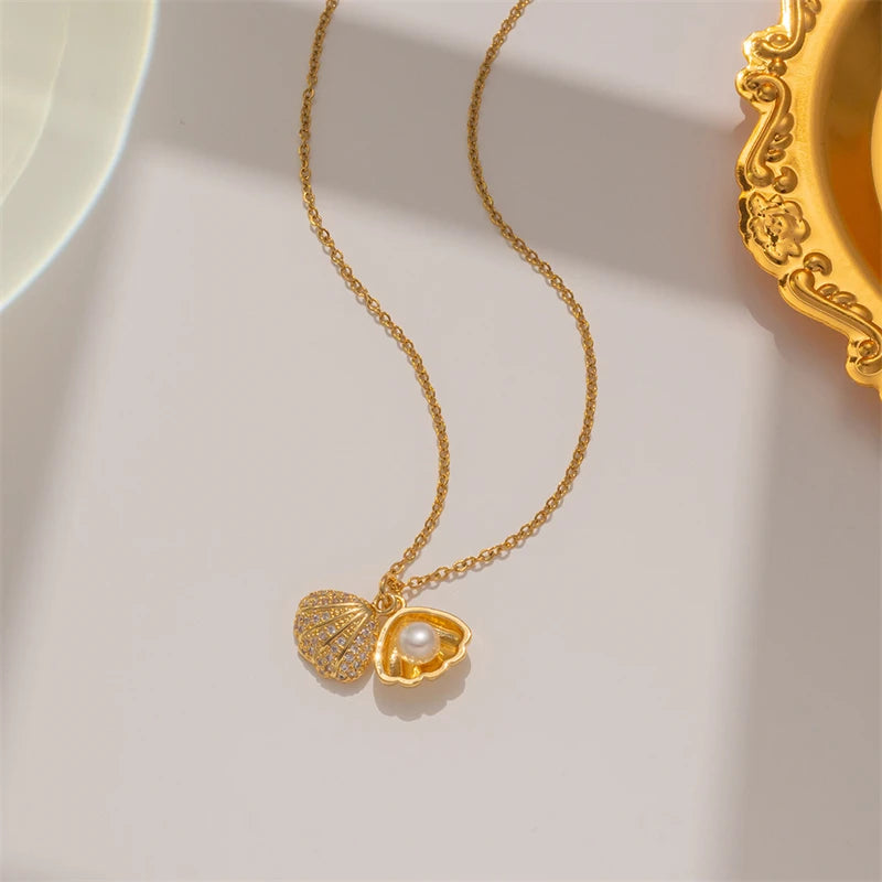 Summer Crystal Zircon Shell & Imitation Pearl Pendant Necklace – Beach Collar Jewelry for Women - Image 5