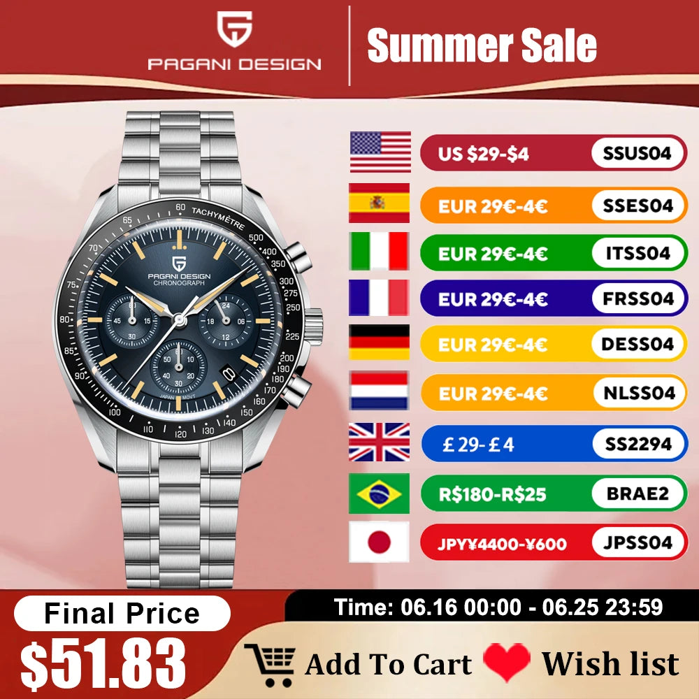 2025 New PAGANI DESIGN Moon V6 Men's Watch – Luxury Chronograph Quartz Timepiece with Sapphire Mirror